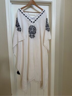 White V-Neck Embroidered Swim Coverup with Black Floral Detailing